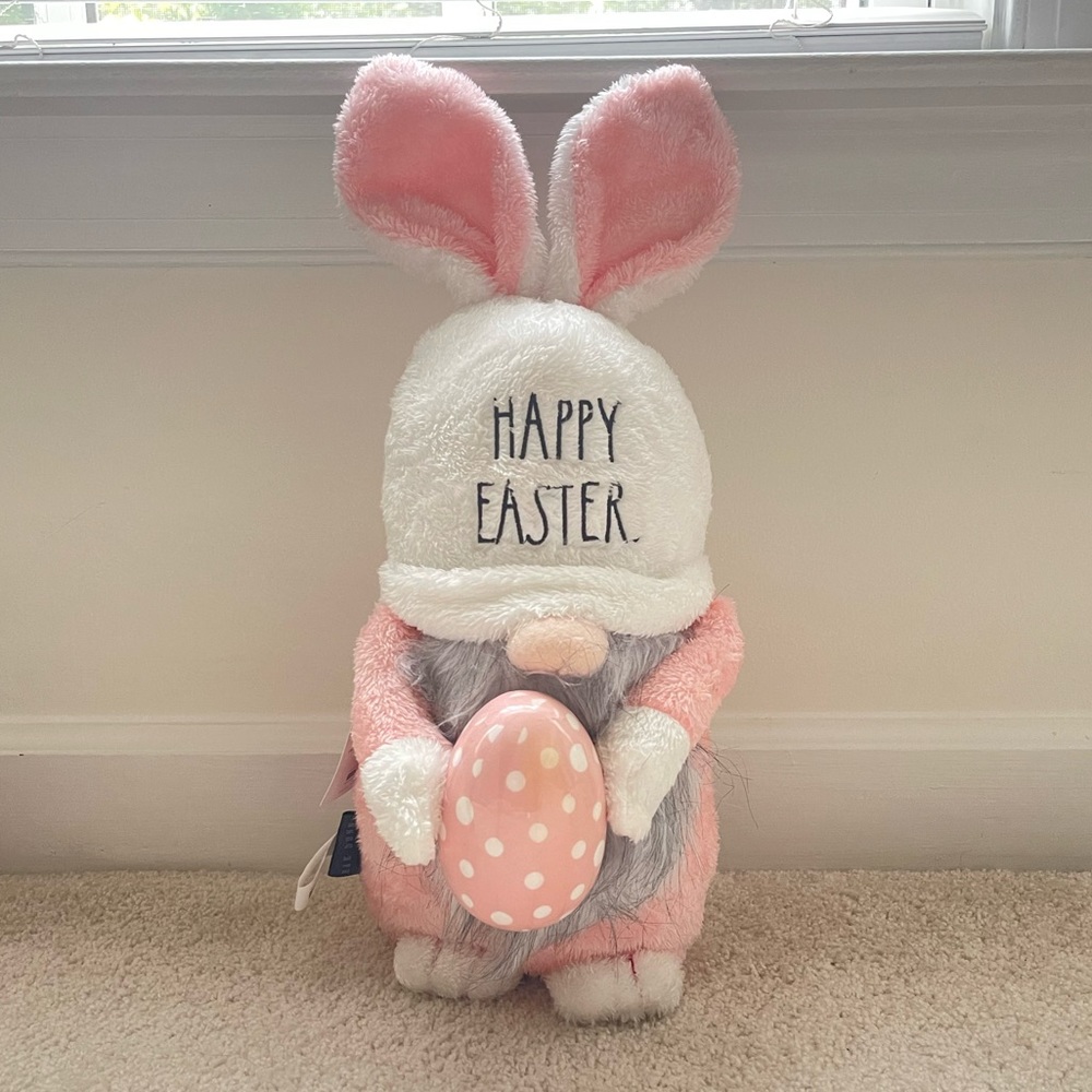 Rae Dunn Happy Easter Gnome Bunny Plush Beanie Holding Egg w/ Ears and Tail NWT